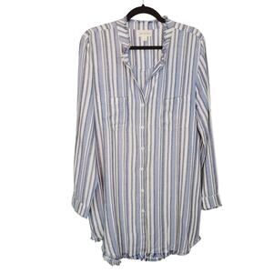 Cloth & Stone Linen Blend Blue Striped Long Sleeve Fringe Shirt Dress Size Med